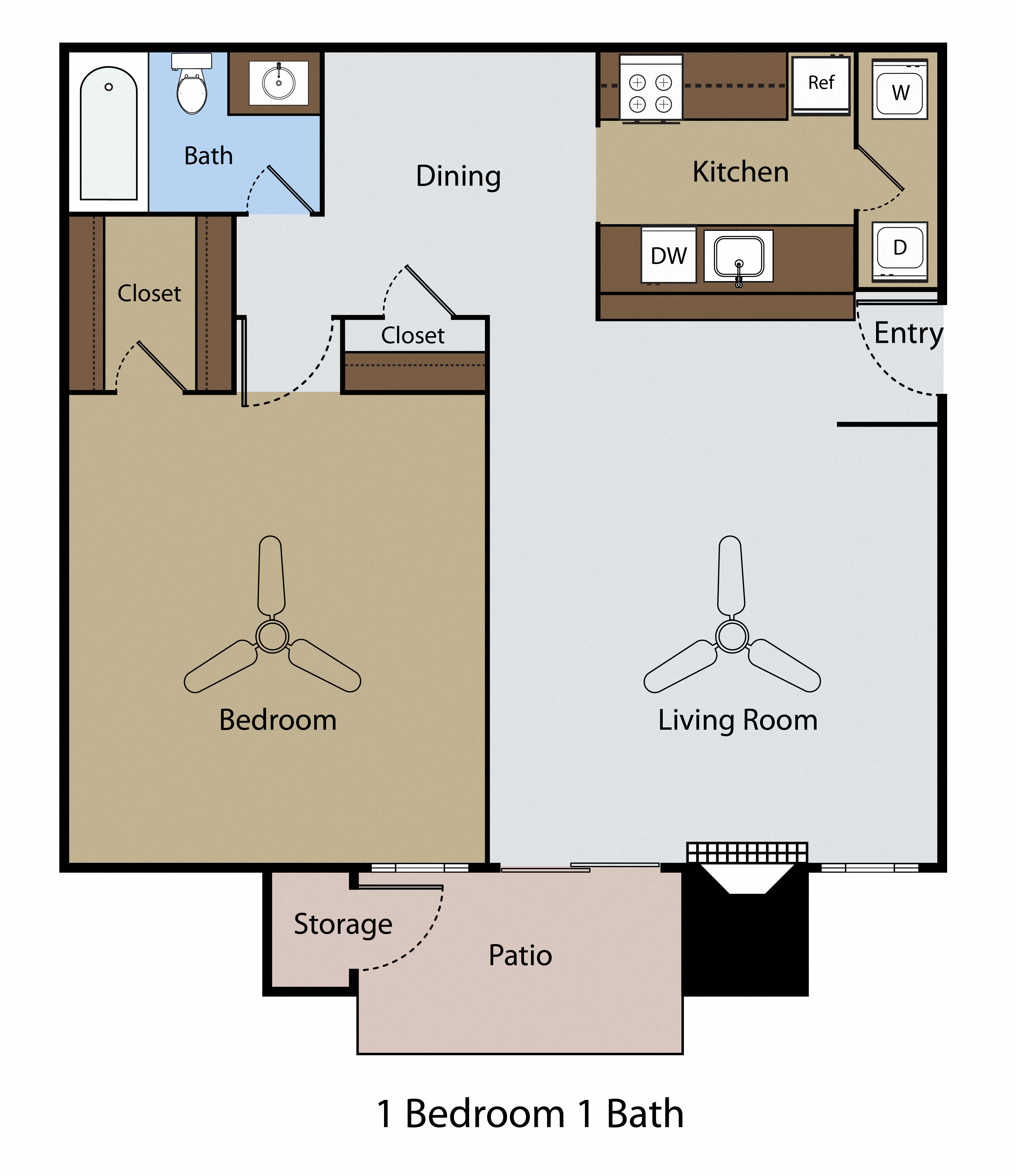Floor plan for 1 bed, 1 bath, 751 sqft
