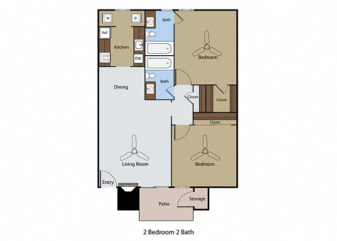 Floor plan for 2 beds, 2 baths, 906 sqft