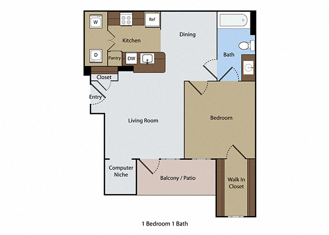 Floor plan for 1 bed, 1 bath, 707 sqft