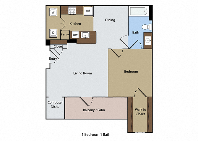 Floor plan for 1 bed, 1 bath, 731 sqft