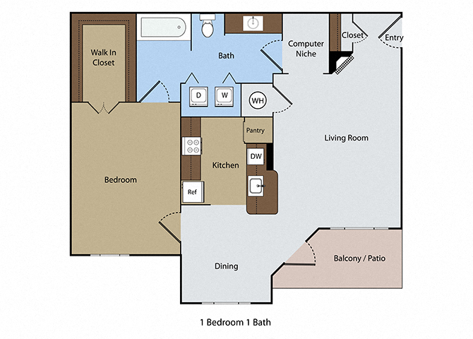 Floor plan for 1 bed, 1 bath, 850 sqft