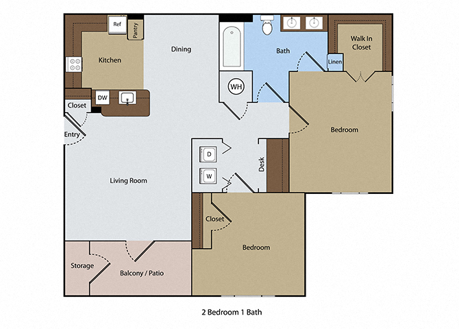 Floor plan for 2 beds, 1 bath, 940 sqft