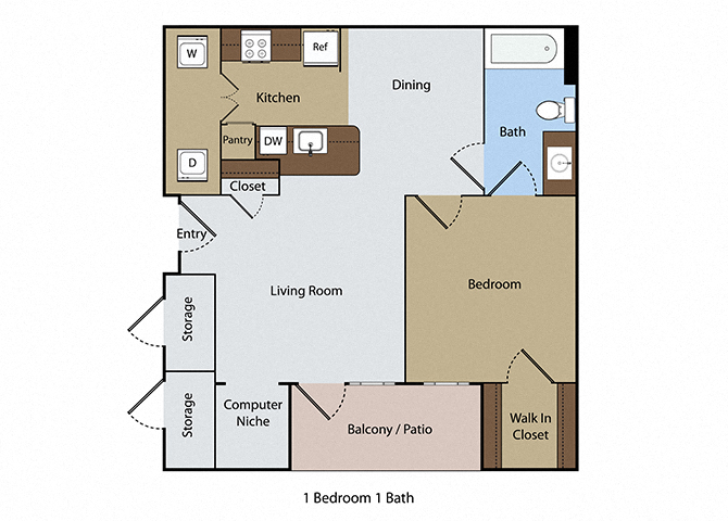 Floor plan for 1 bed, 1 bath, 684 sqft