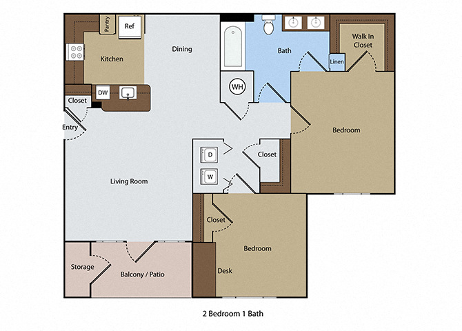 Floor plan for 2 beds, 1 bath, 940 sqft