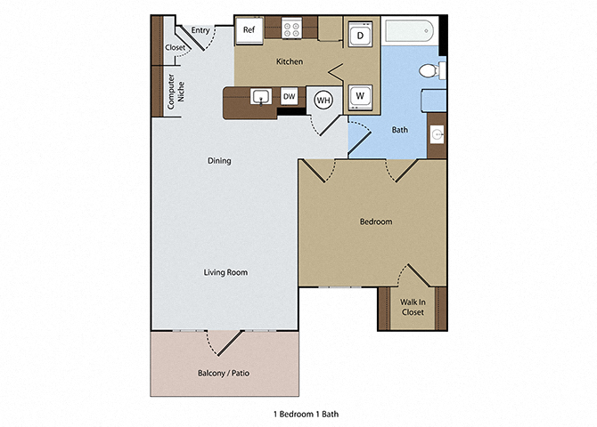 Floor plan for 1 bed, 1 bath, 779 sqft