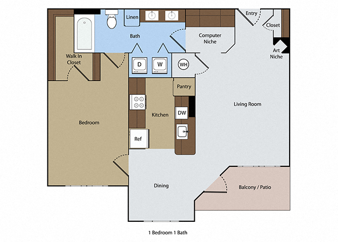 Floor plan for 1 bed, 1 bath, 850 sqft