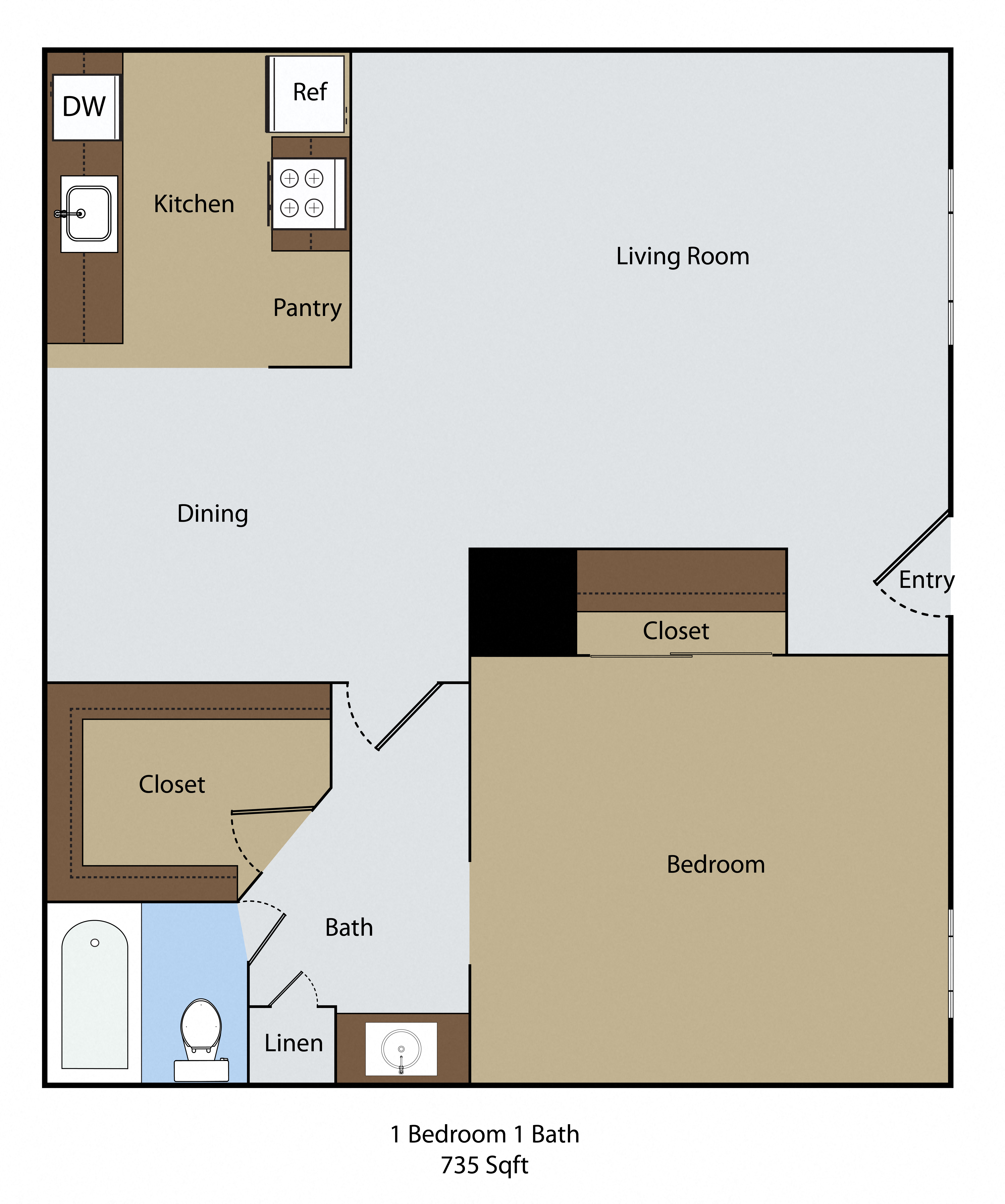 Floor plan for 1 bed, 1 bath, 735 sqft