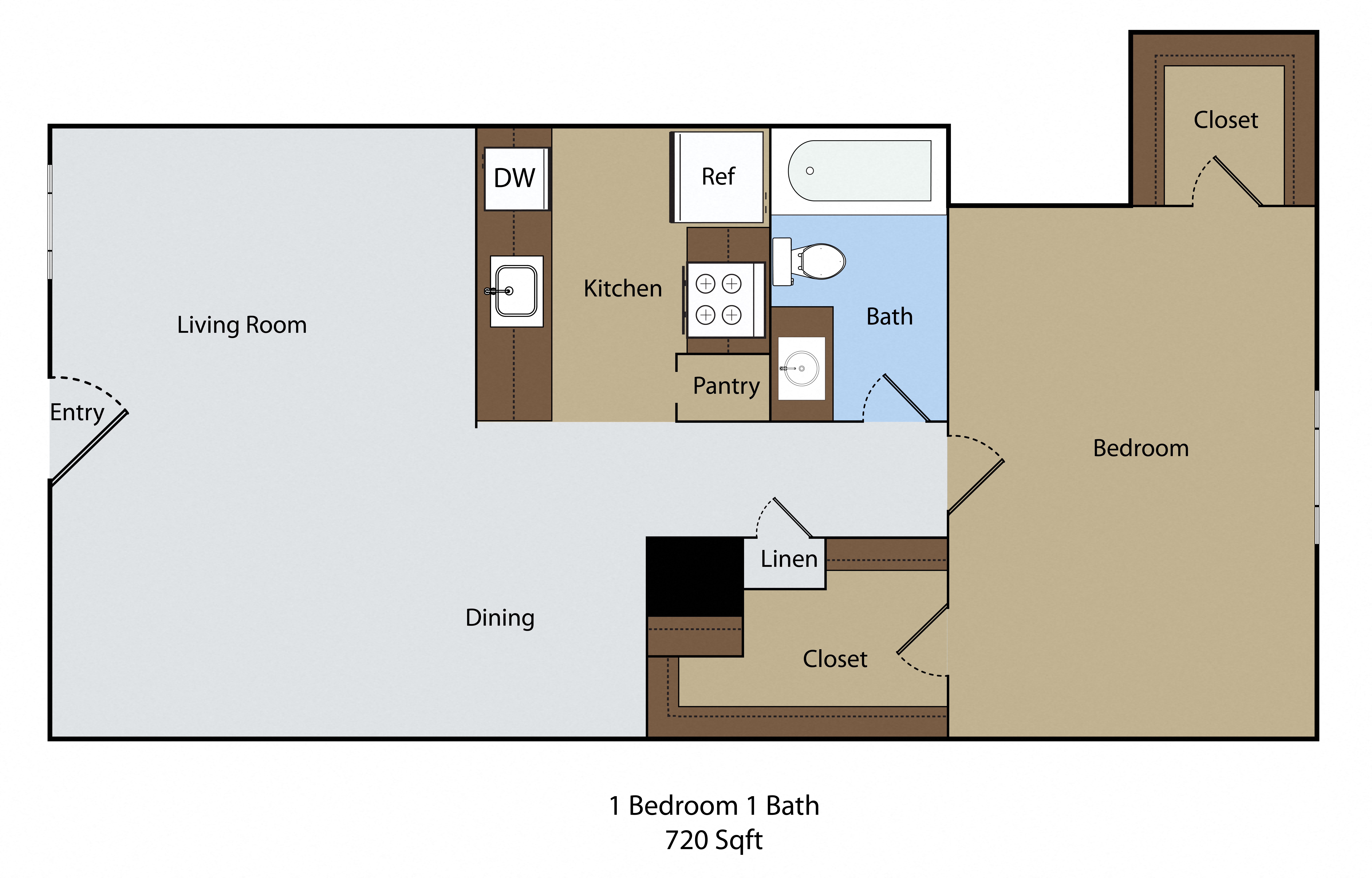 Floor plan for 1 bed, 1 bath, 720 sqft