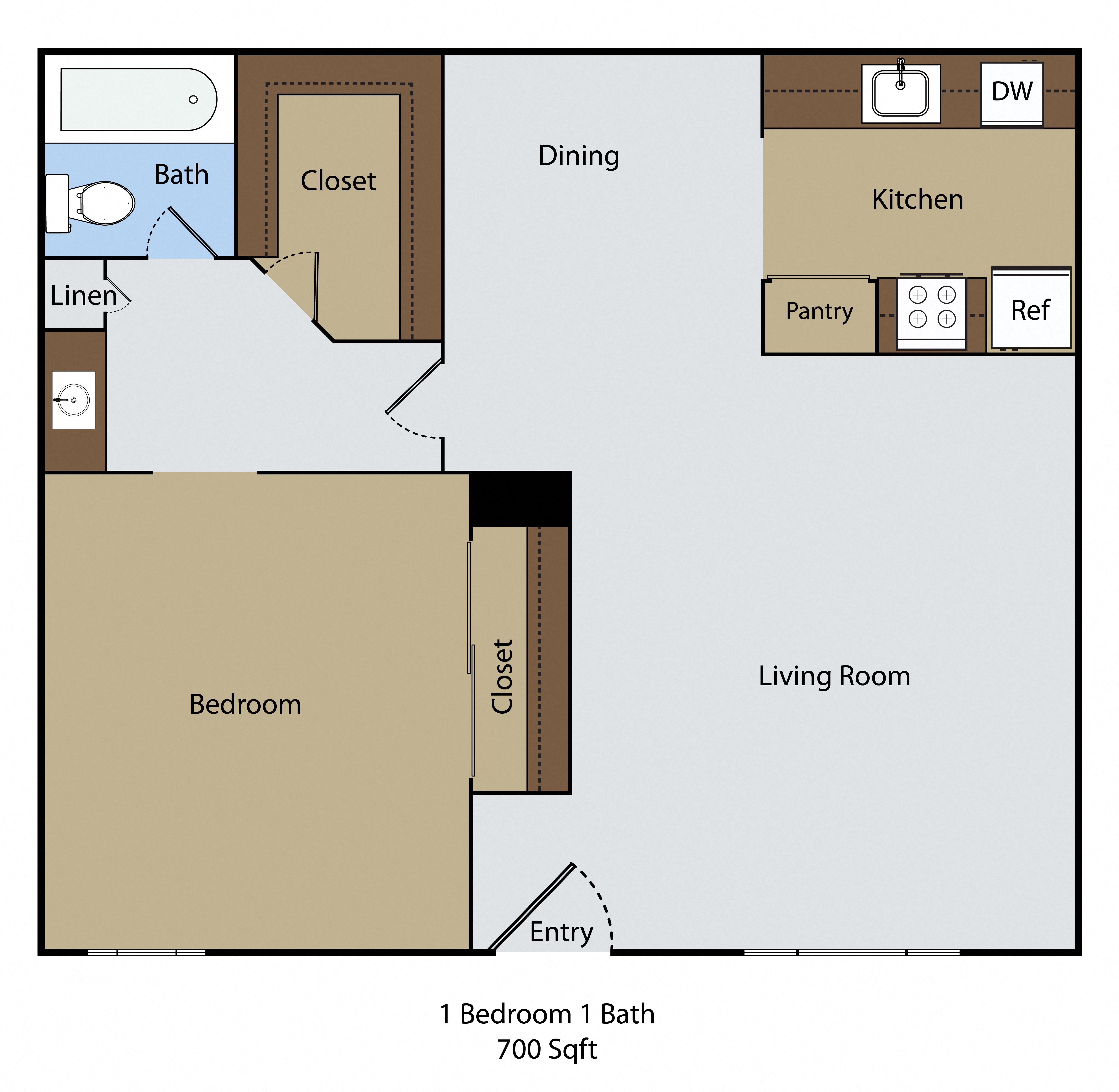 Floor plan for 1 bed, 1 bath, 700 sqft