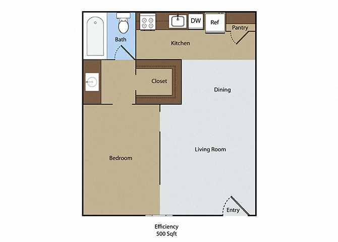 Floor plan for 1 bed, 1 bath, 500 sqft