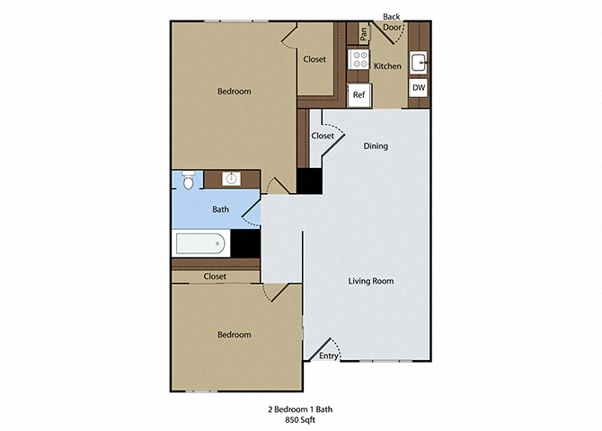 Floor plan for 1 bed, 1 bath, 850 sqft