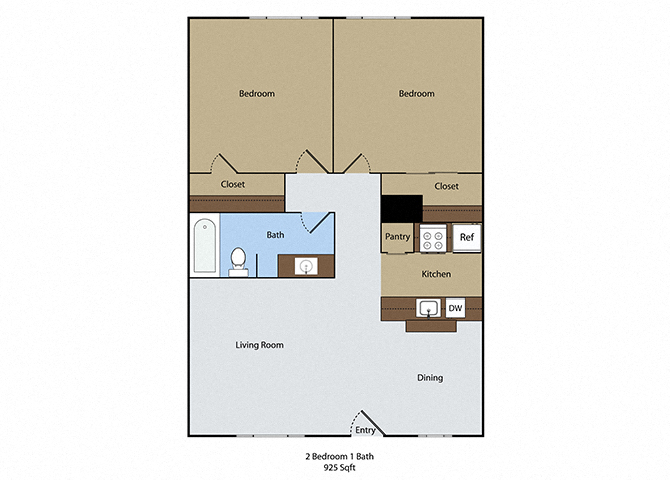 Floor plan for 2 beds, 1 bath, 925 sqft