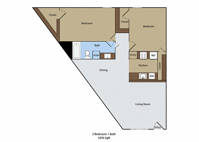 Floor plan for 2 beds, 1 bath, 1076 sqft