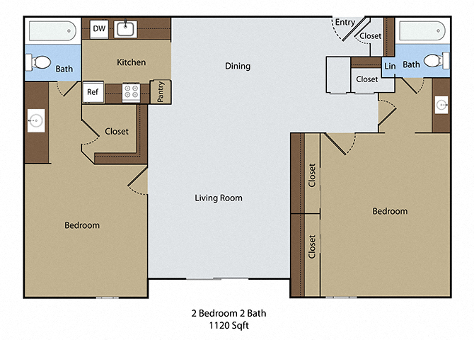 Floor plan for 2 beds, 2 baths, 1020 sqft
