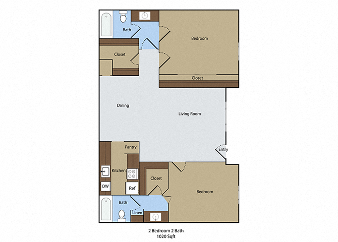 Floor plan for 2 beds, 2 baths, 1140 sqft