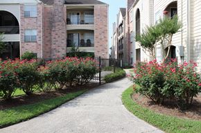 Houston apartment for rent - a sidewalk in front of an apartment building with pink flowers
