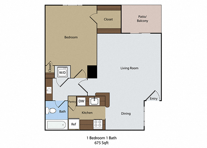 Floor plan for 1 bed, 1 bath, 675 sqft