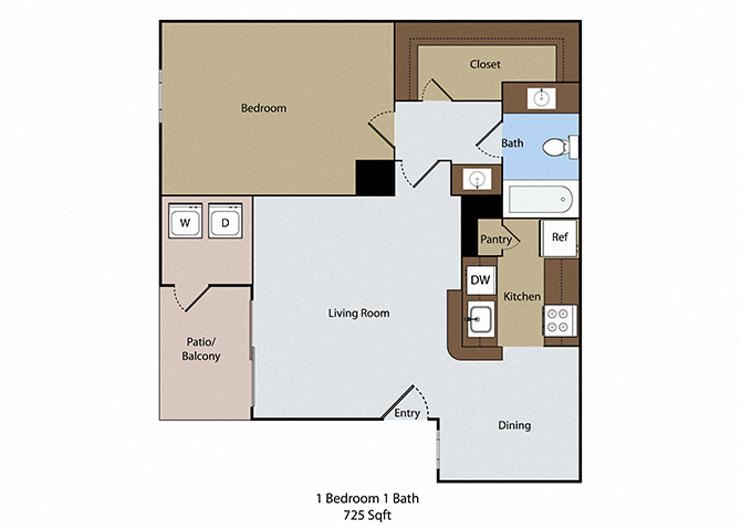 Floor plan for 1 bed, 1 bath, 725 sqft