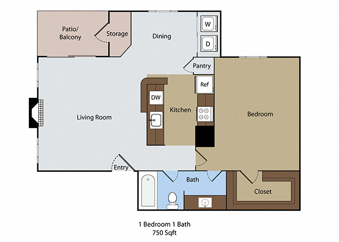Floor plan for 1 bed, 1 bath, 750 sqft