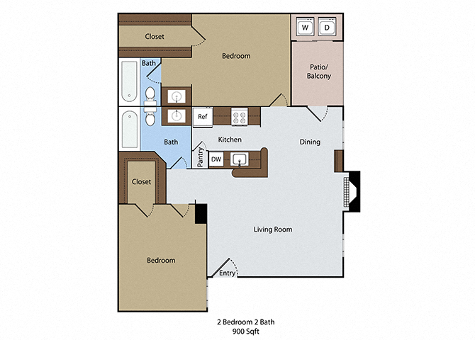 Floor plan for 2 beds, 2 baths, 900 sqft