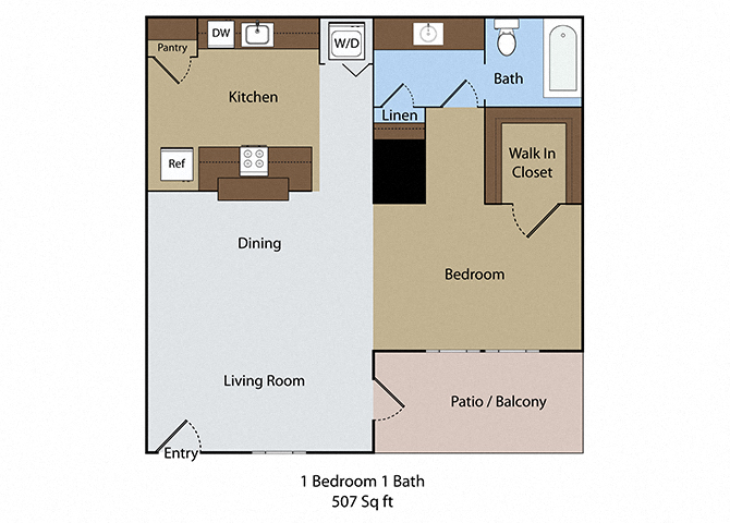 Floor plan for 1 bed, 1 bath, 507 sqft
