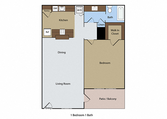 Floor plan for 1 bed, 1 bath, 626 sqft