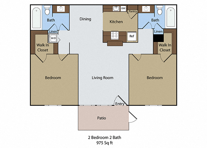 Floor plan for 2 beds, 2 baths, 975 sqft