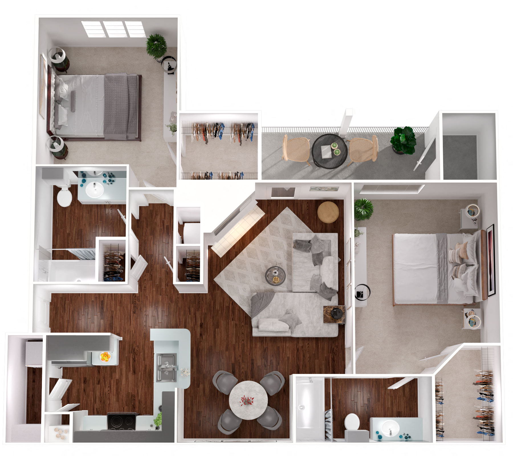 Floor plan for 2 beds, 2 baths, 1048 sqft