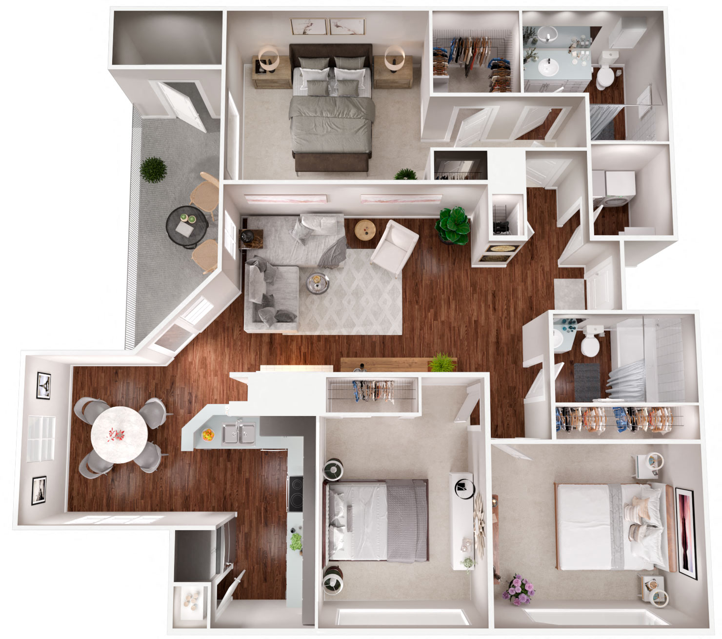Floor plan for 3 beds, 2 baths, 1273 sqft