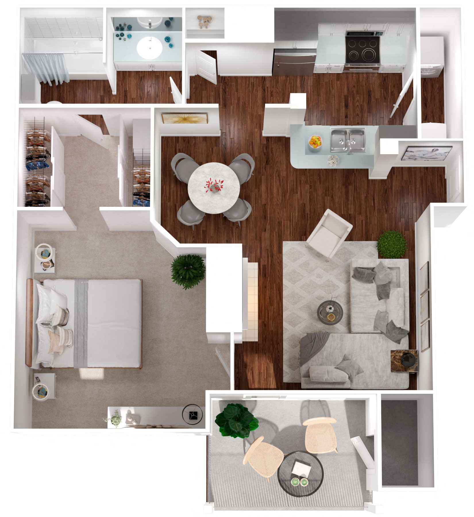 Floor plan for 1 bed, 1 bath, 732 sqft