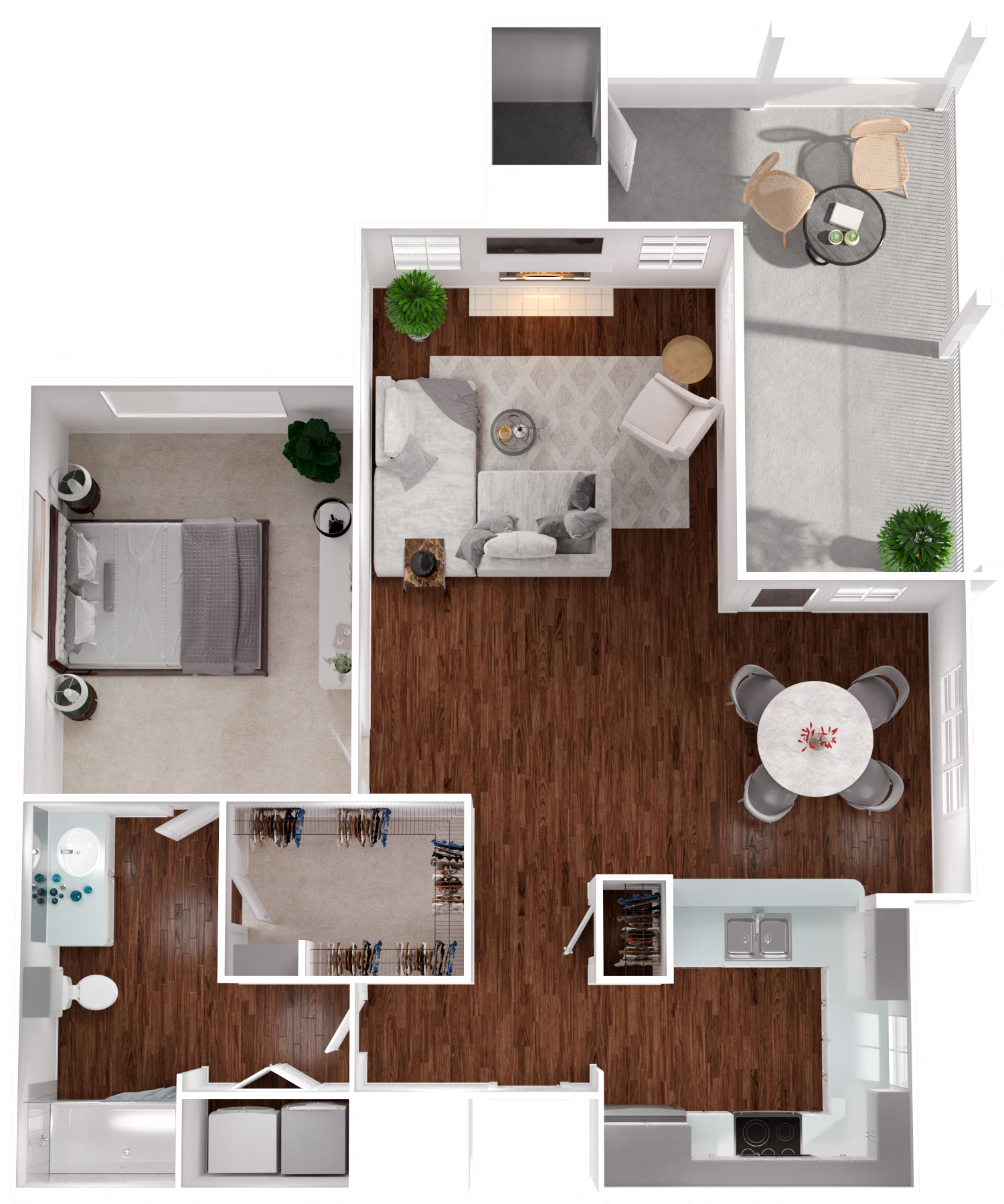 Floor plan for 1 bed, 1 bath, 889 sqft