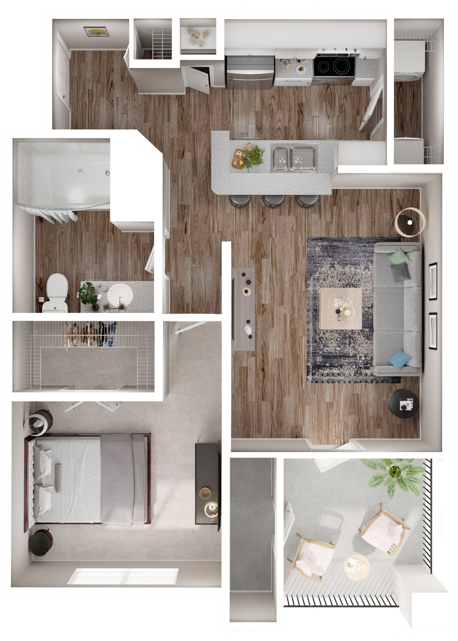 Floor plan for 1 bed, 1 bath, 698 sqft