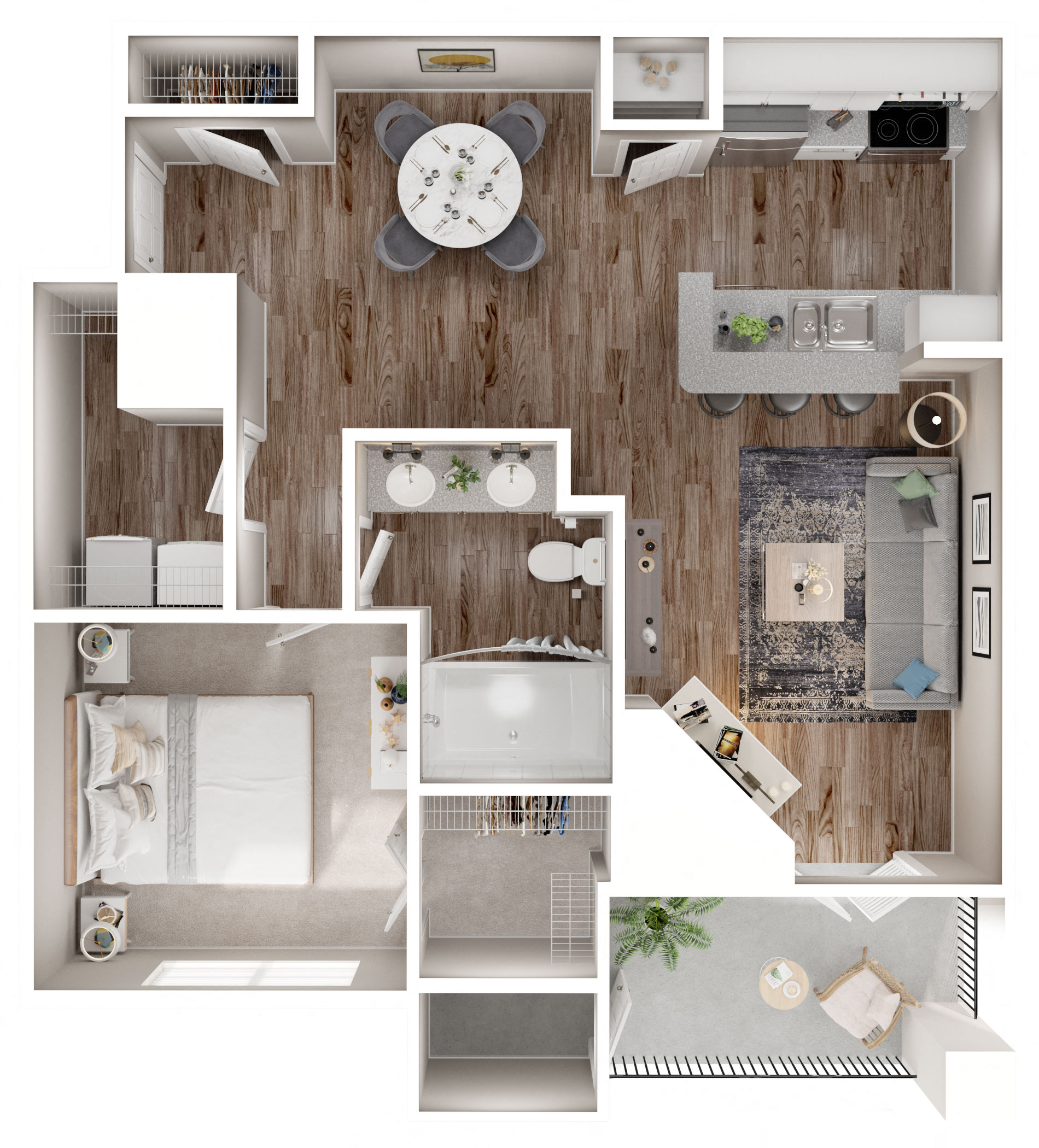 Floor plan for 1 bed, 1 bath, 849 sqft