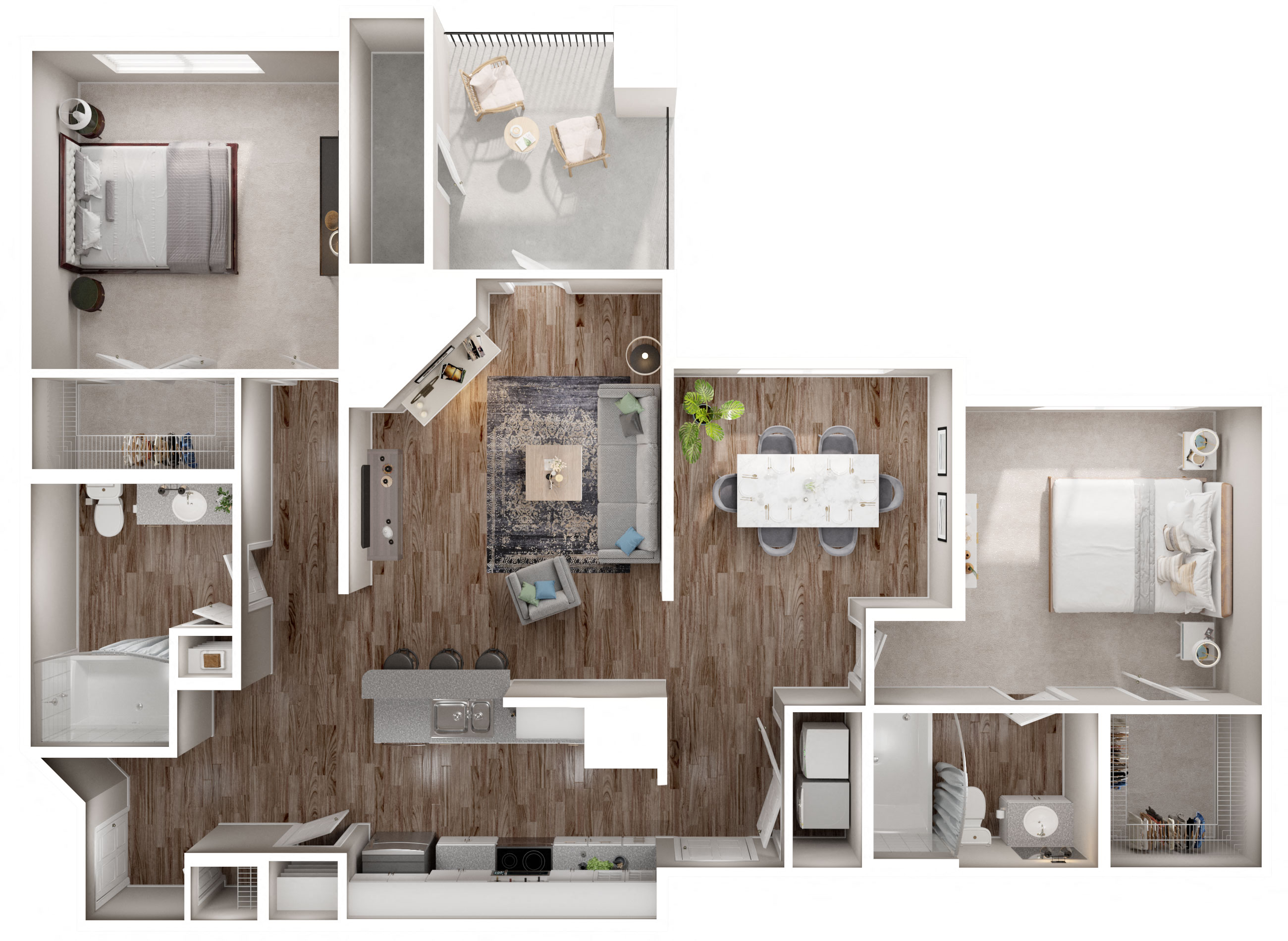 Floor plan for 2 beds, 2 baths, 1192 sqft