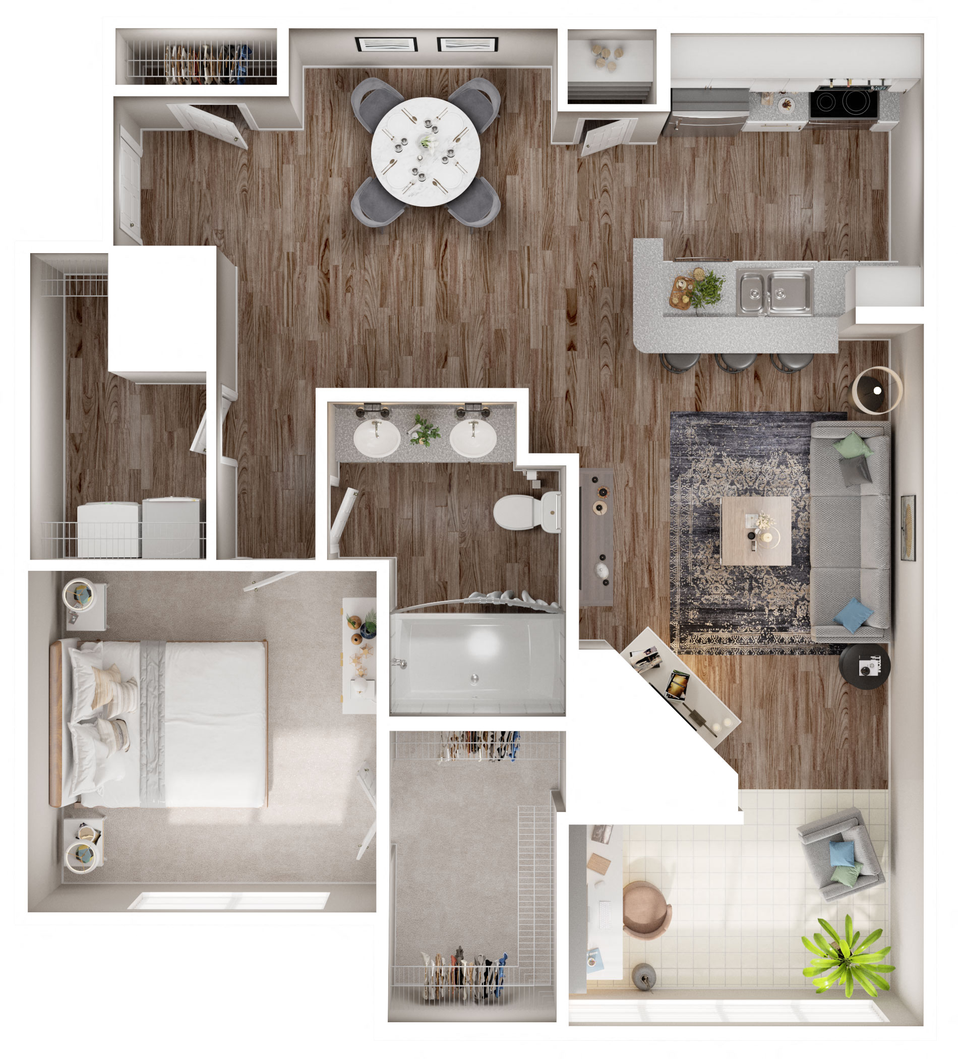 Floor plan for 1 bed, 1 bath, 962 sqft