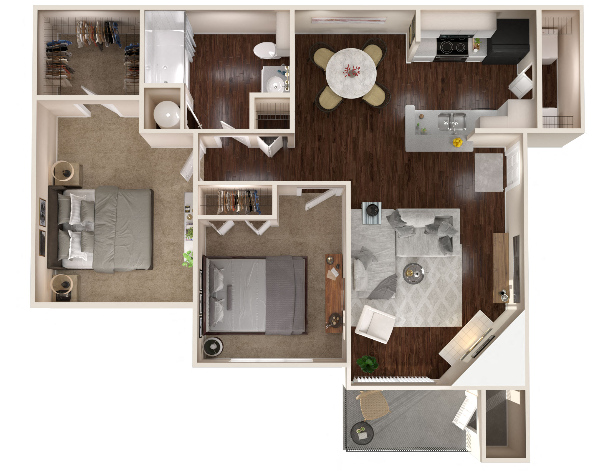 Floor plan for 2 beds, 1 bath, 930 sqft