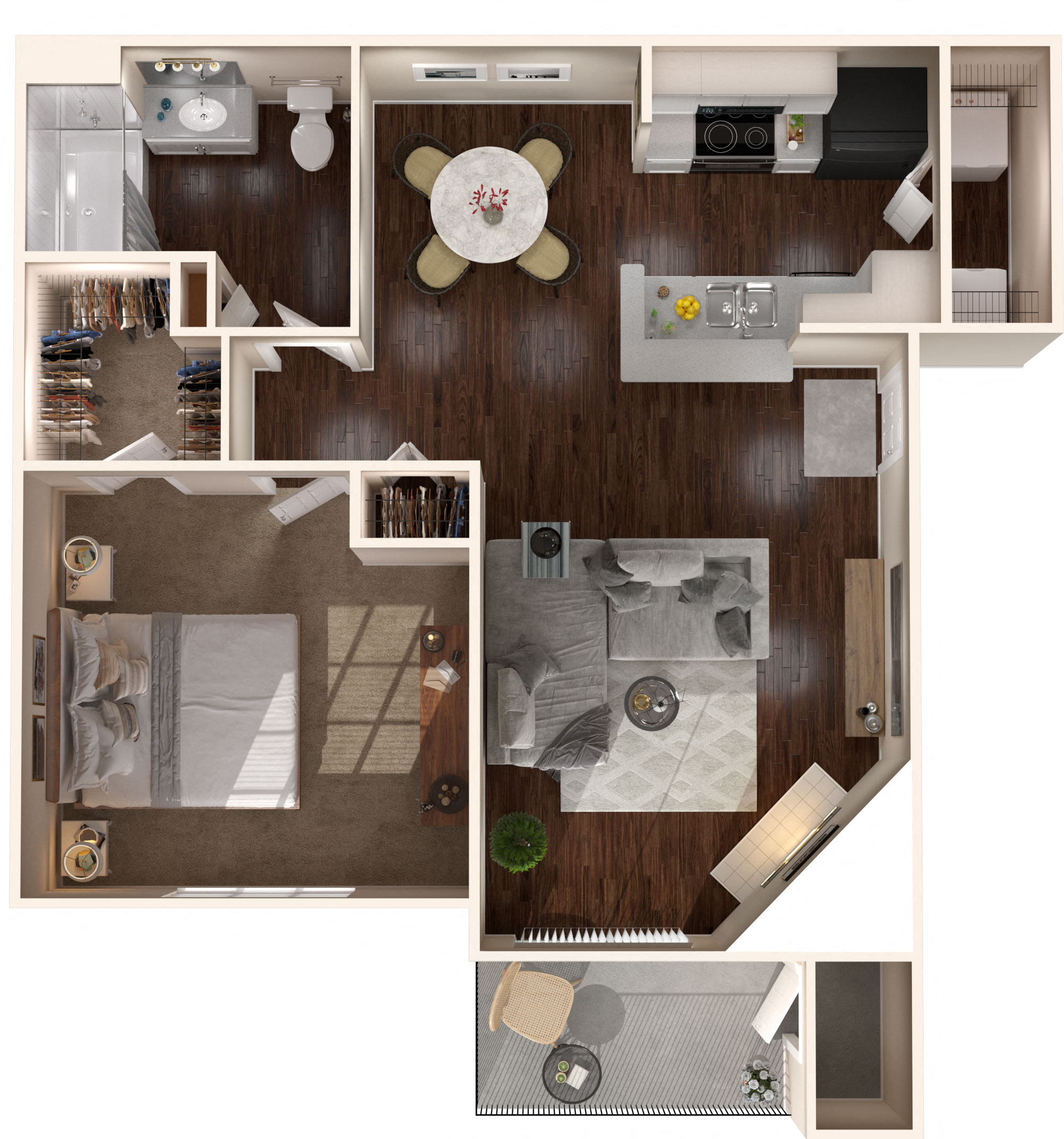 Floor plan for 1 bed, 1 bath, 750 sqft