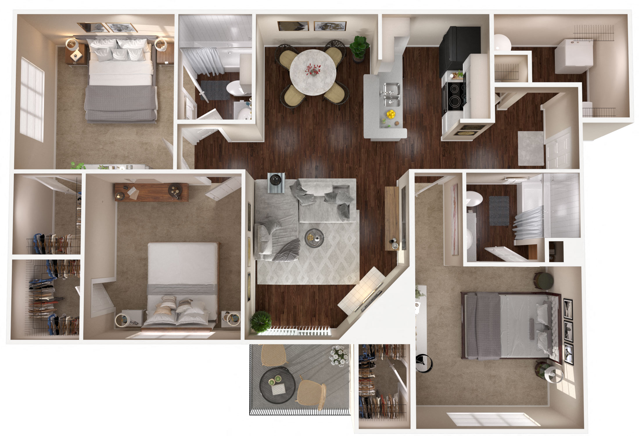 Floor plan for 3 beds, 2 baths, 1258 sqft