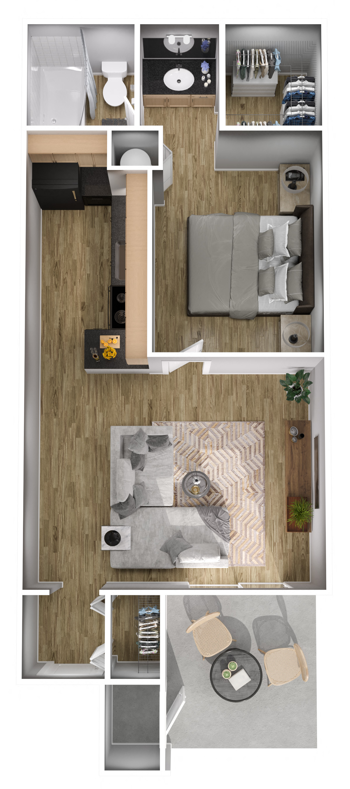 Floor plan for 1 bed, 1 bath, 530 sqft