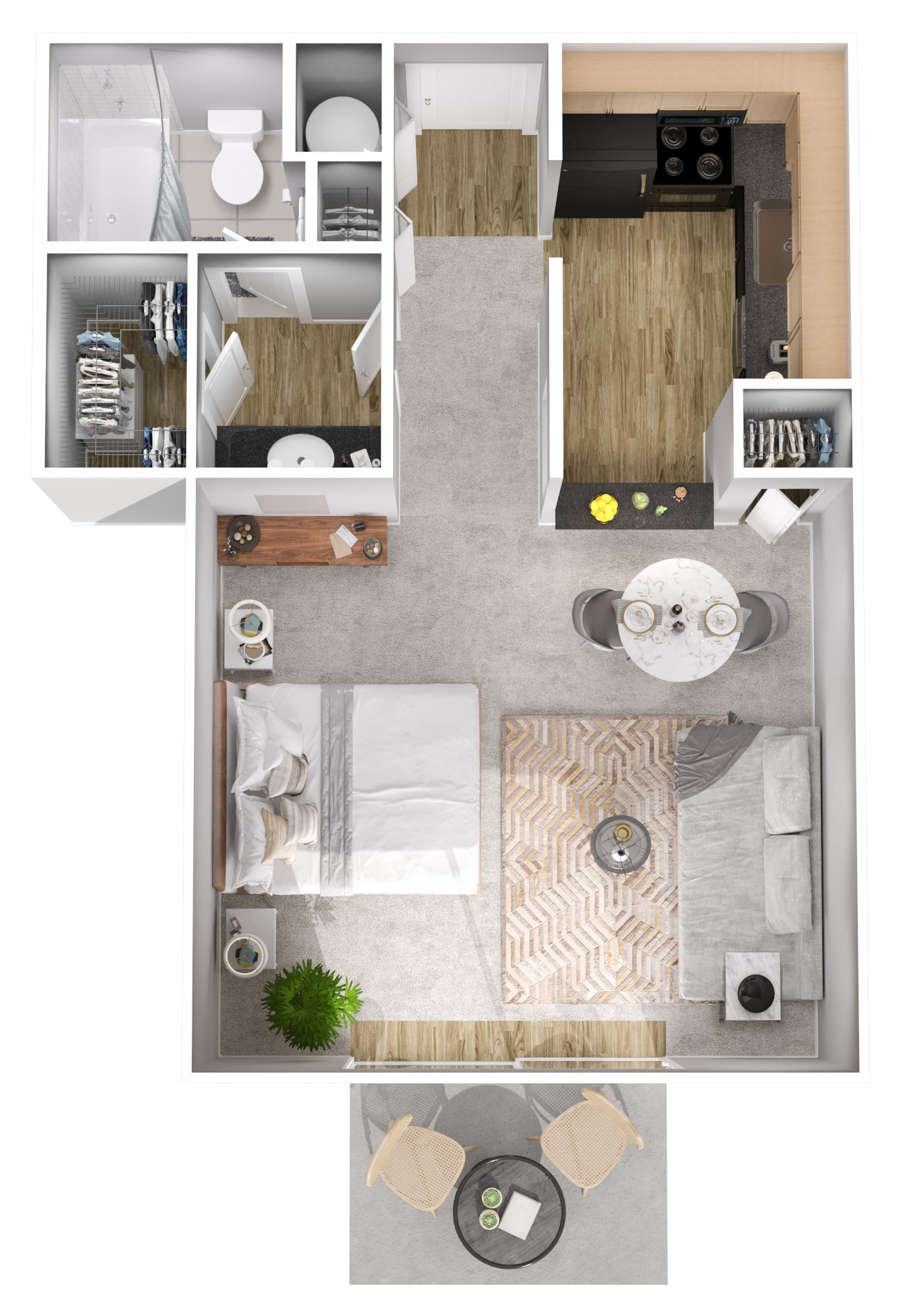 Floor plan for 1 bed, 1 bath, 489 sqft
