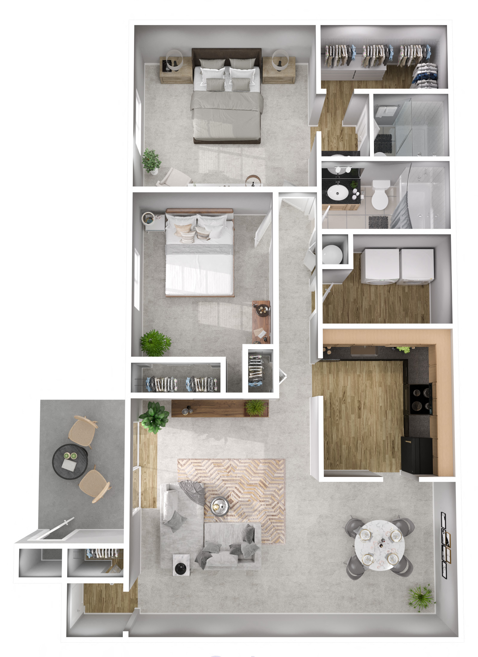Floor plan for 2 beds, 2 baths, 1225 sqft