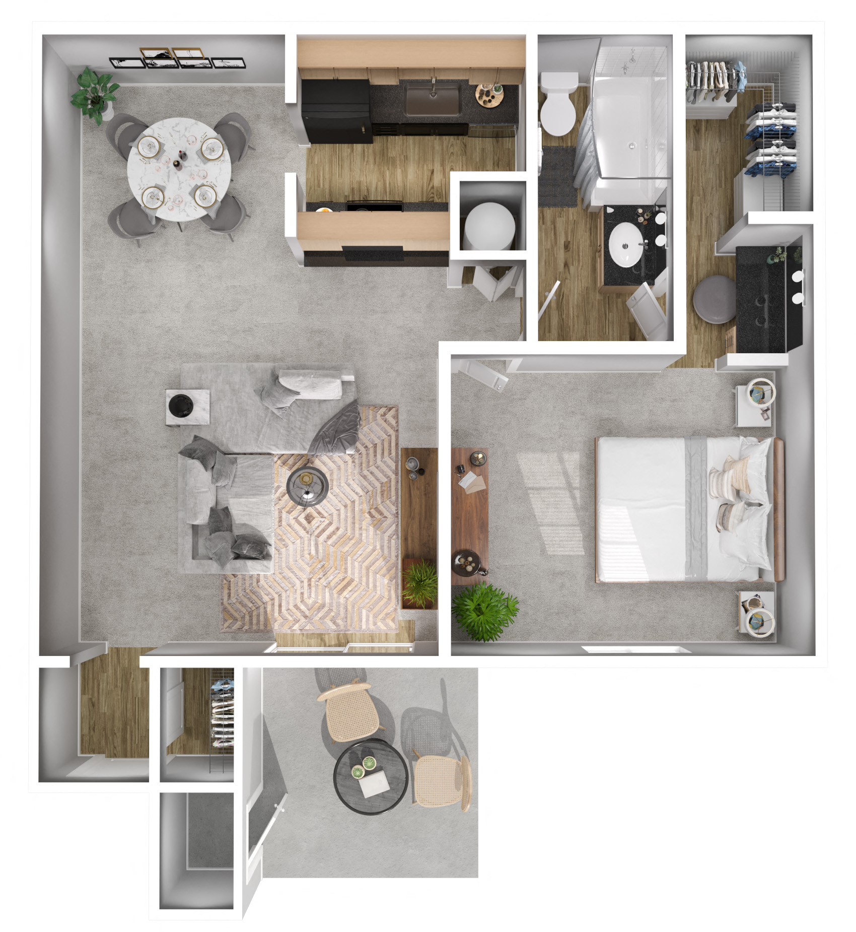 Floor plan for 1 bed, 1 bath, 688 sqft