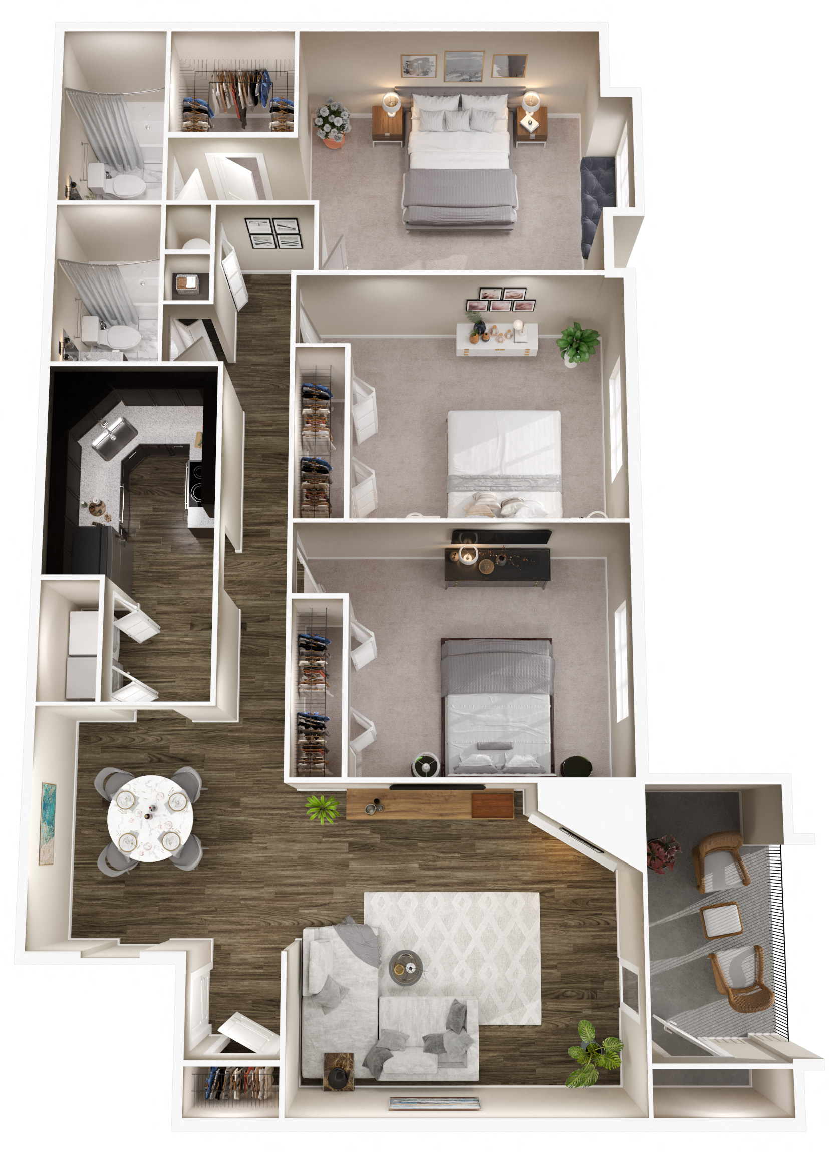 Floor plan for 3 beds, 2 baths, 1343 sqft