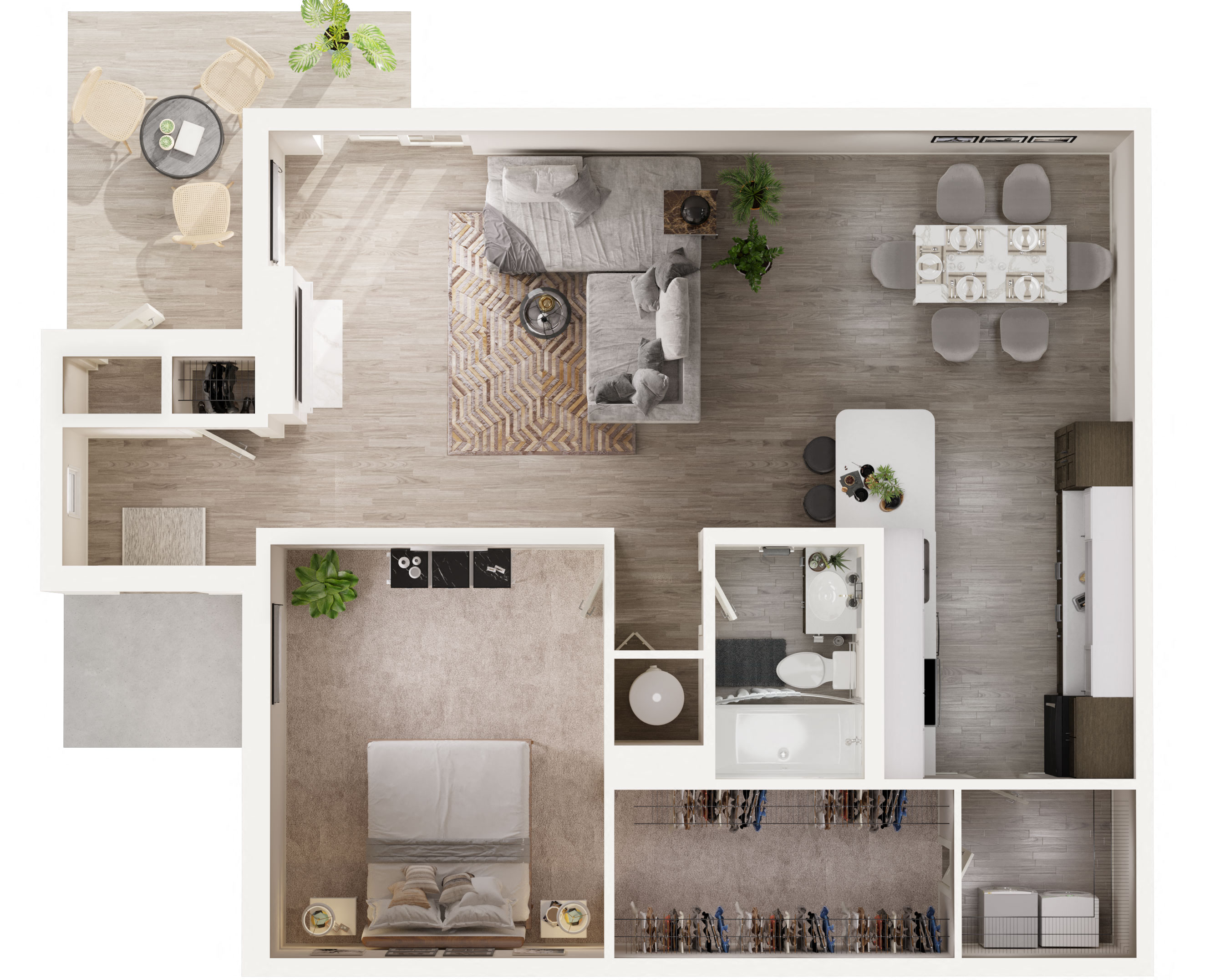 Floor plan for 1 bed, 1 bath, 905 sqft
