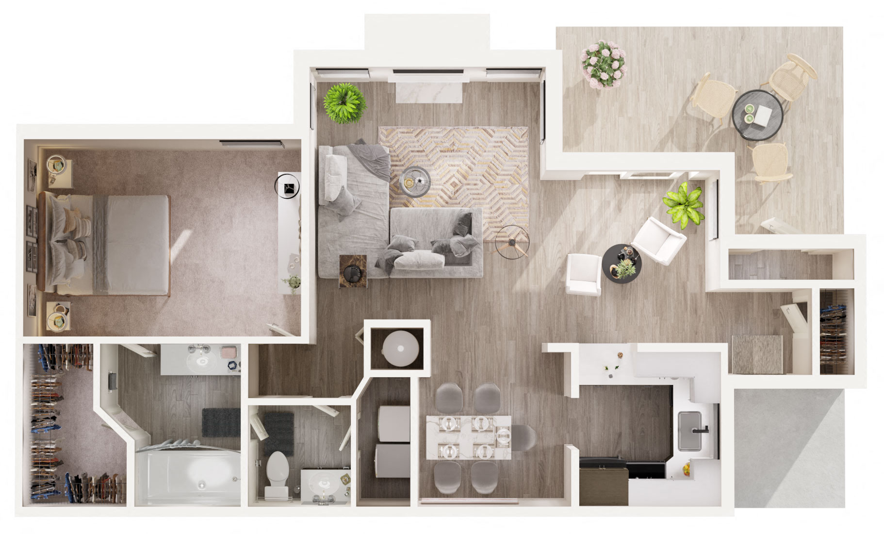 Floor plan for 1 bed, 1 bath, 944 sqft