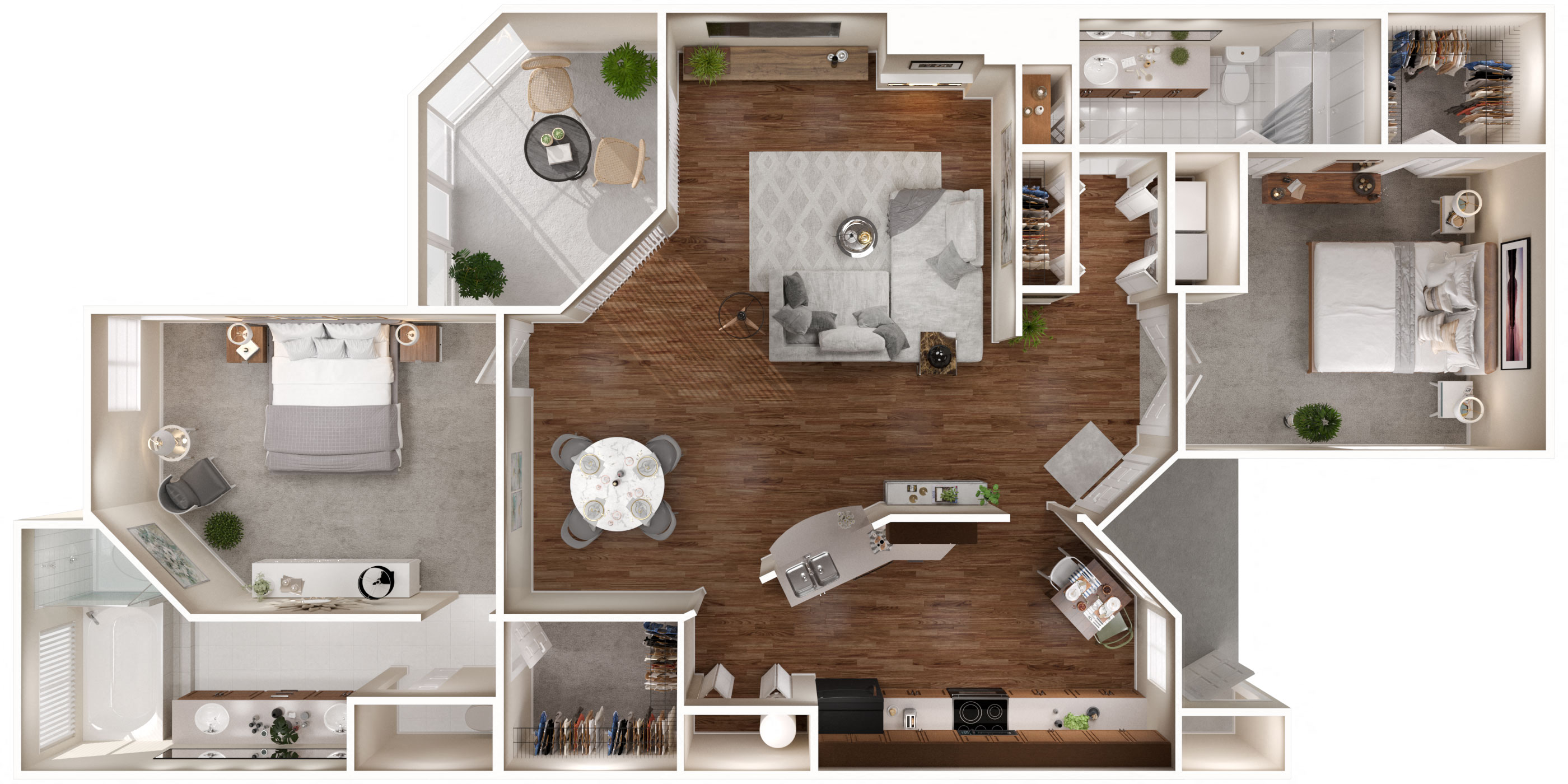 Floor plan for 2 beds, 2 baths, 1391 sqft