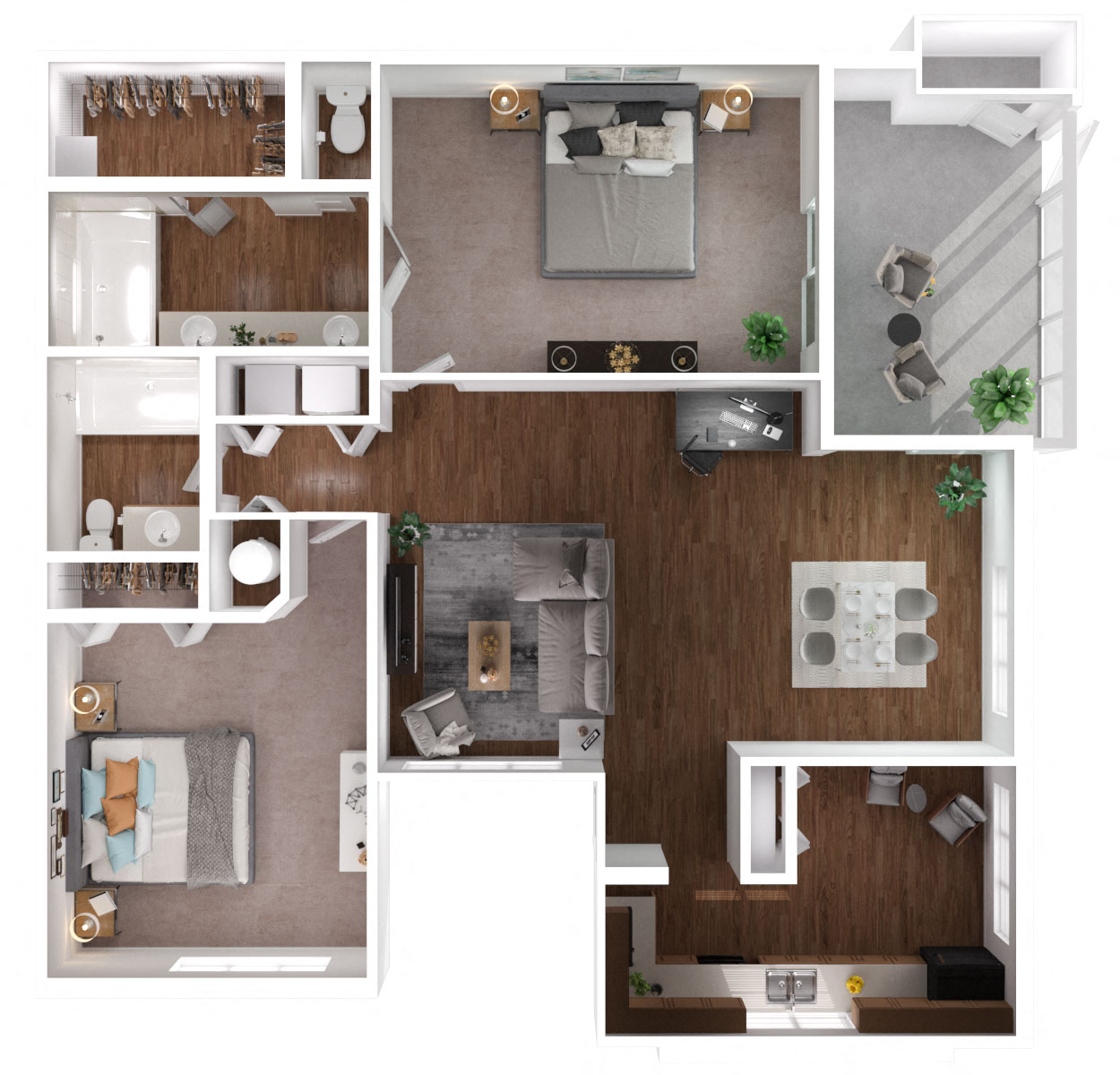 Floor plan for 2 beds, 2 baths, 1355 sqft