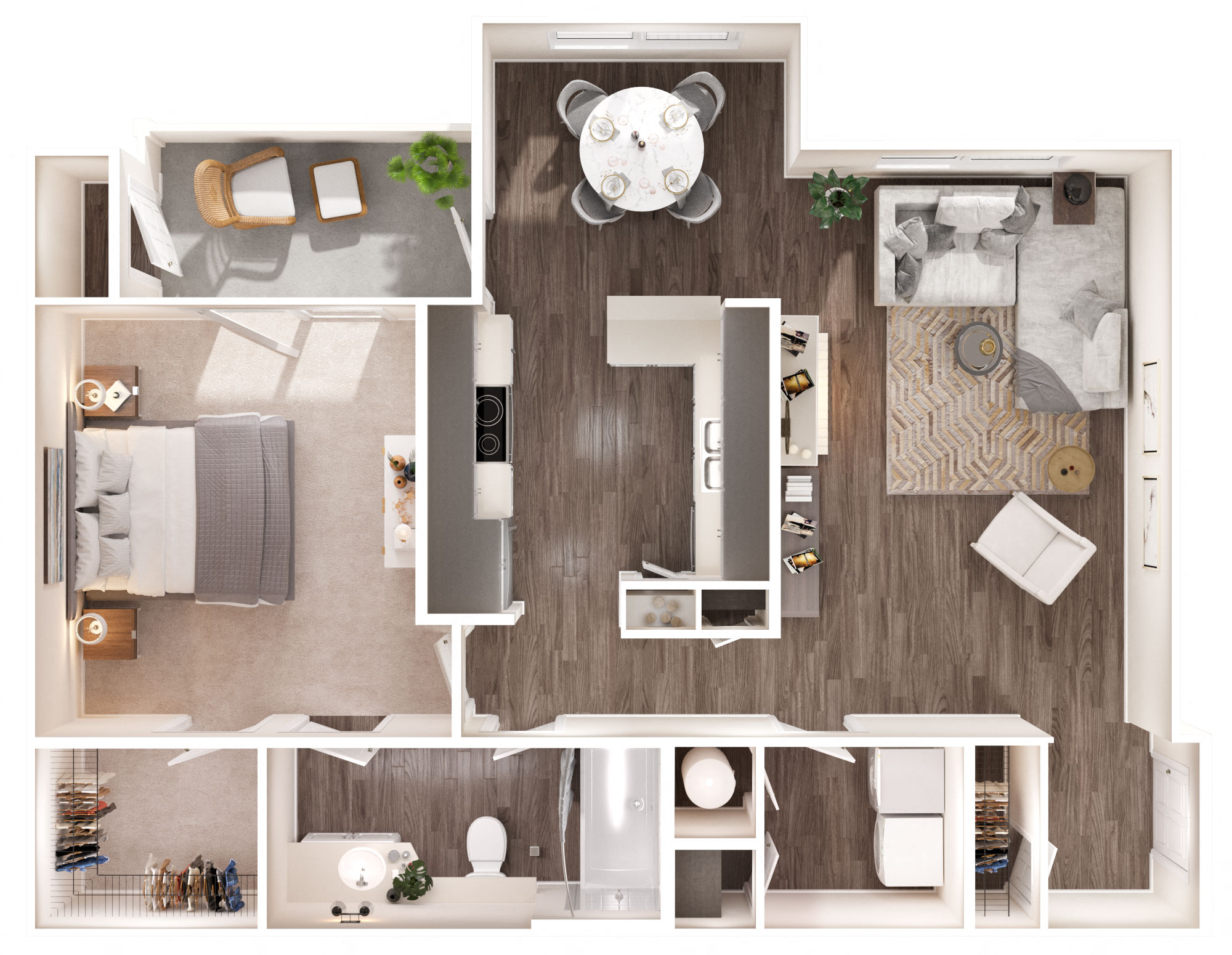 Floor plan for 1 bed, 1 bath, 889 sqft