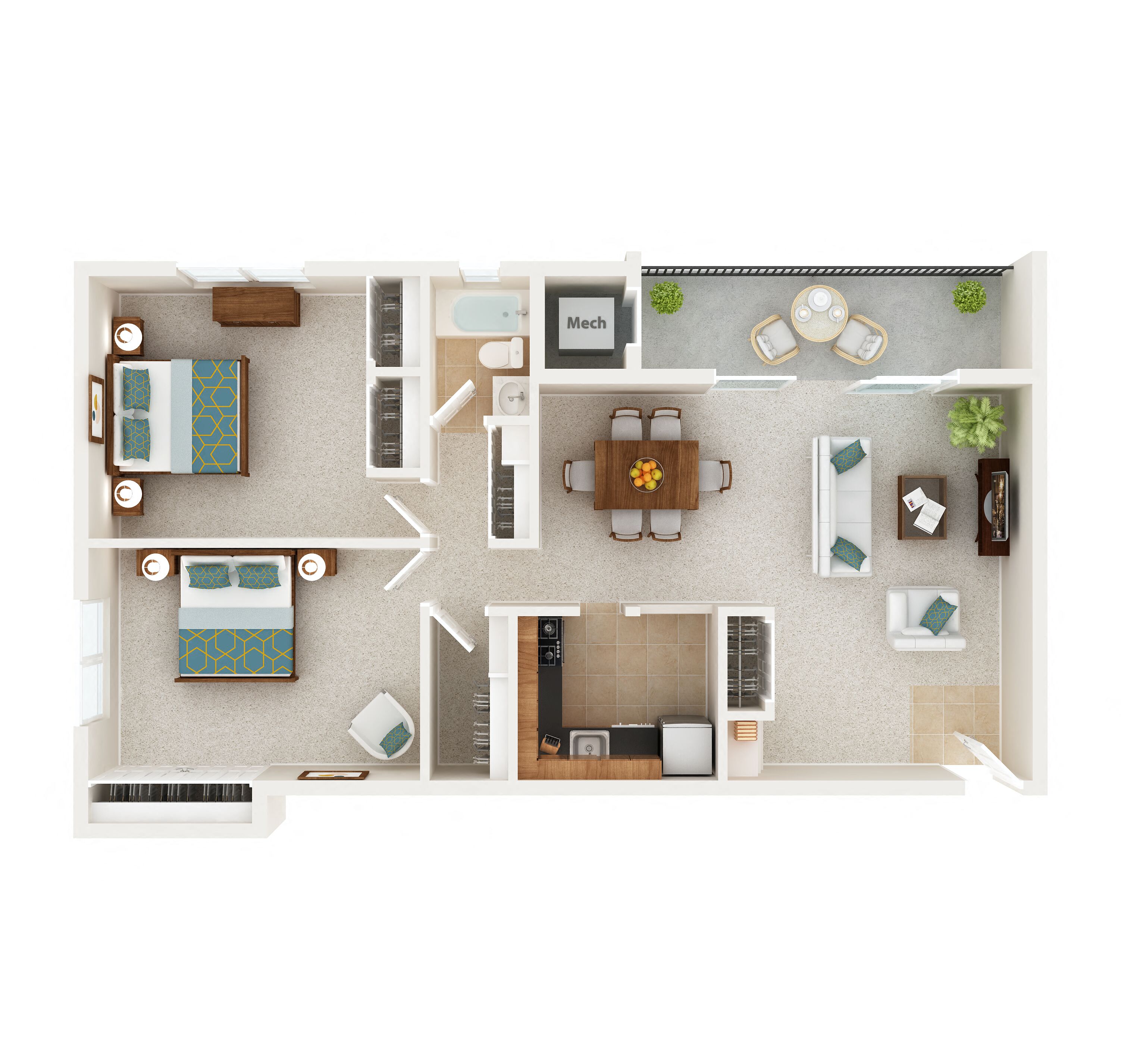 Floor plan for 2 beds, 1 bath, 1020 sqft