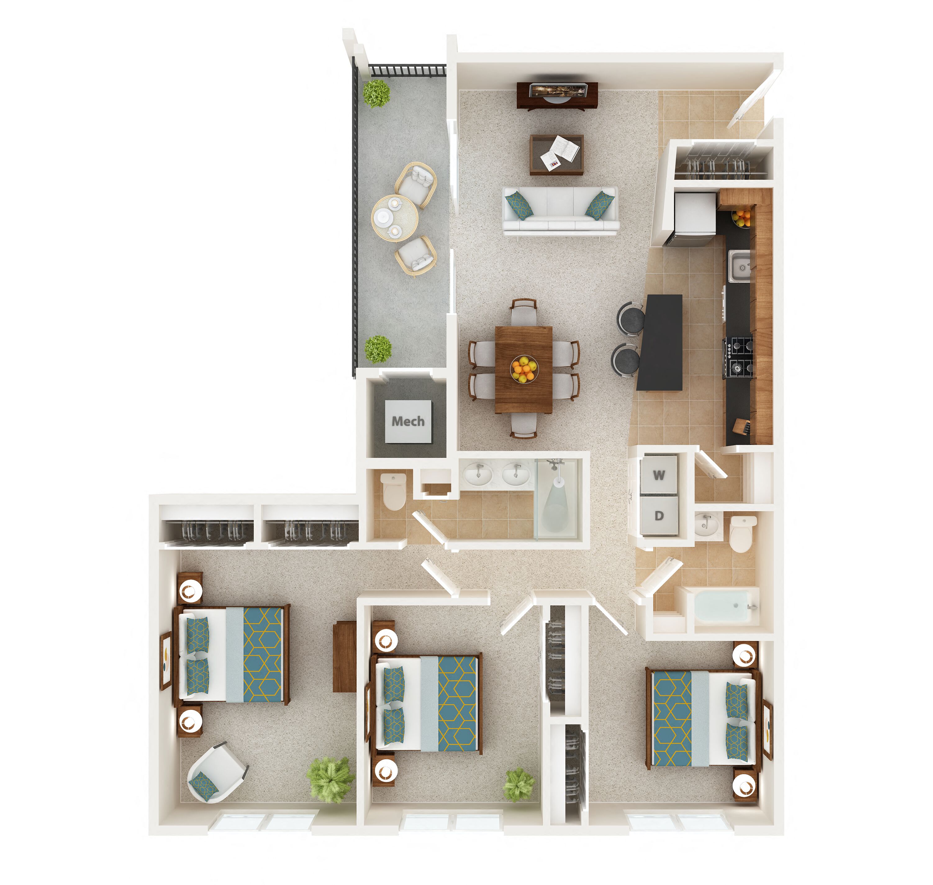 Floor plan for 3 beds, 2 baths, 1226 sqft
